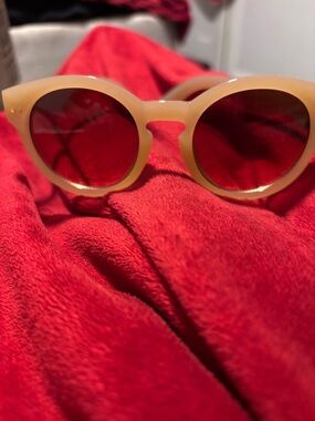 Neutral Beige Round Frame Sunglasses with Red Lenses - Women Accessories